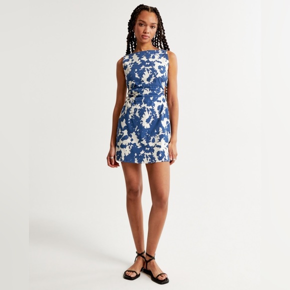 Stretch Cotton Cutout Mini Dress with side cutouts and abstract blue floral - Picture 4 of 15